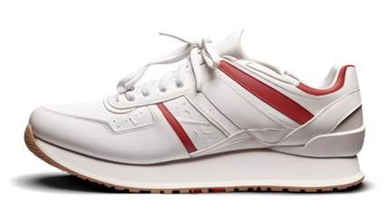 Stylish white sneaker with a modern design and red accents evokes a sense of energy and movement, perfect for active lifestyles and fashionable footwear trends PNG style