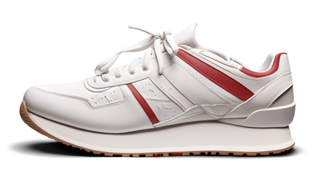 Stylish white sneaker with a modern design and red accents evokes a sense of energy and movement, perfect for active lifestyles and fashionable footwear trends PNG style