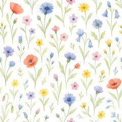 Colorful Watercolor Wildflower Seamless Pattern with Green Leaves on White Background