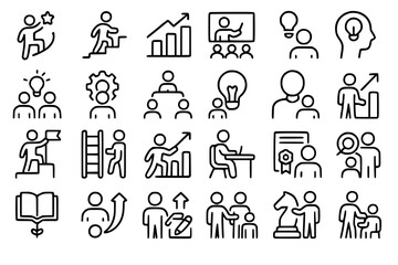 Upskill Web Icon Set in Line Style. Business Growth and Teamwork Icons