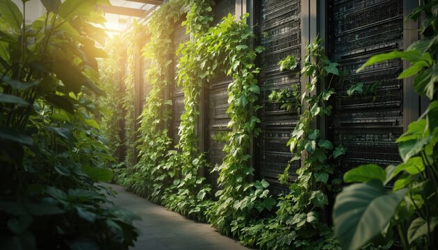 Eco-friendly data center utilizes integrated plants with sustainable servers for energy-efficient systems. Innovative approach highlights renewable resources, environmentally responsible future - Powered by Adobe