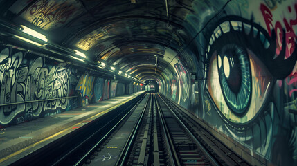 Subway tunnel where graffiti eyes watch empty trains
