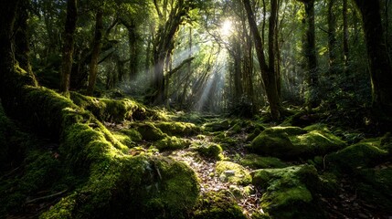 Naklejka premium Sunlight Beaming Through Dense Forest onto Mossy Ground 