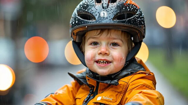 selective focus child wearing protective helmet outdoors