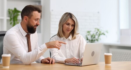 Obraz premium Business partners working with laptop at table in office
