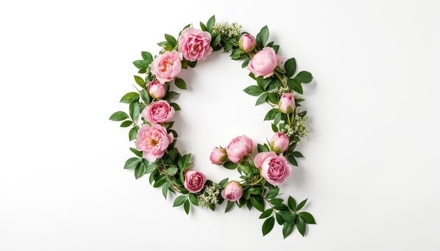 Floral letter Q crafted with pink peonies, green foliage, set against clean white background with ample copy space. Elegant botanical arrangement perfect for invitations, cards, personalized gifts,
