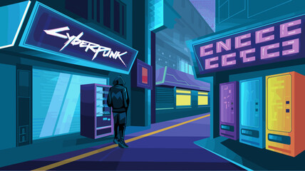 Futuristic alley with neon signage and figure in hoodie &ndash; Suitable for cyberpunk storytelling, graphic novels, or game concept art