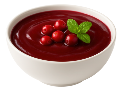 A deep serving bowl of cranberry kissel, displaying a smooth, gelatinous consistency and cranberry garnish.