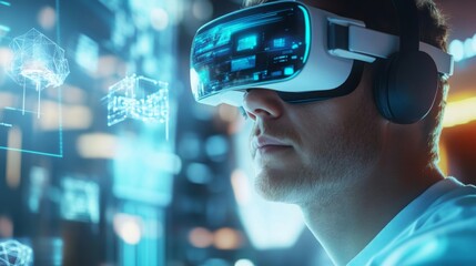 Virtual reality experience in a tech hub showcasing immersive technology and futuristic interfaces