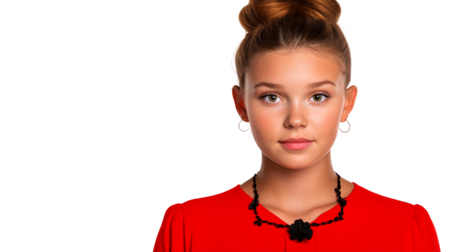 Portrait of a girl wearing a red dress with a flower necklace