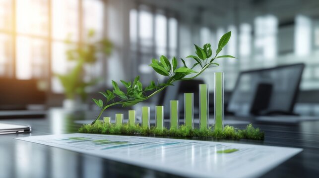 Growth and sustainability illustrated through a flourishing green graph in a modern office environment during daylight