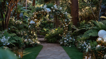 Lush garden wedding setup framed by balloon-bedecked floral arches, fairy lights twinkling among the greenery, with golden beams of sunlight piercing through layered foliage