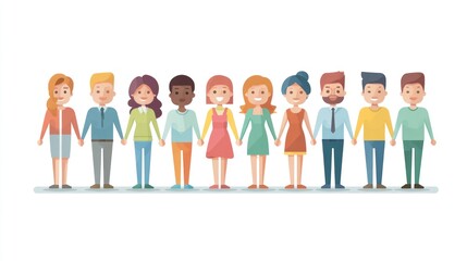 Diverse group of cartoon people holding hands, standing in a line against white background