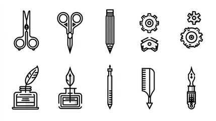 Obraz premium Line art icons scissors, pencils, gears, inkwells, pens, and a comb on a white background