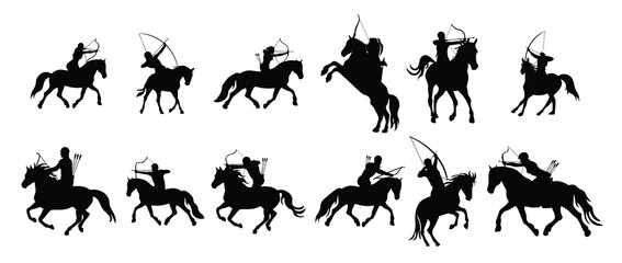 collection of illustrations of silhouettes of archers riding