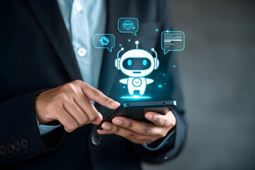 Person in dark suit using smartphone with glowing chatbot interface artificial intelligence technology