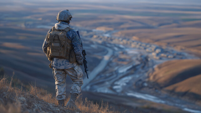 Back view of heavily geared soldier standing on a windswept hill, panoramic view of the battlefield ahead, weapon slung over shoulder, backpack and pouches secured