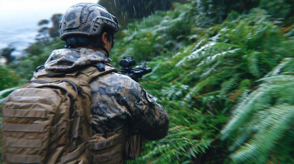 Back view of a lone soldier on jungle path, drenched in sweat, tactical backpack and weapon gear heavy on his shoulders, helmet cam tracking movement in dense forest
