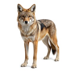 Obraz premium Coyote stands isolated on white background. Wild dog mammal shows thick fur, sharp eyes, and visible teeth. Natural wildlife predator features alert posture, senses, and distinct facial markings.