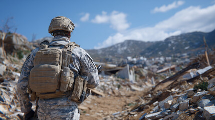 Modern infantry soldier from the rear, equipped with modular gear and digital camo, walking through rubble-strewn terrain toward mission target
