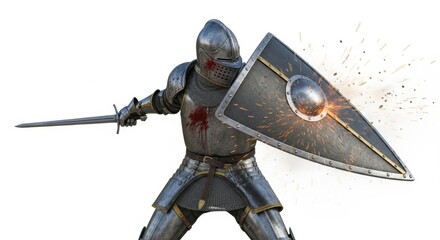 Stock photo of knight in shining armor with sword and shield in battle pose