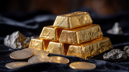 Lustrous pyramid of golden ingots on black velvet-like backdrop, rough metallic debris and scattered antique coins at base evoke a sense of historical richness