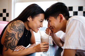 Young Couple Sharing a Milkshake at a Diner