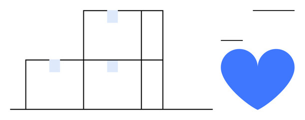 Stacked cubes with tags beside an abstract heart icon, conveying balance, structure, and compassion. Ideal for logistics, health, teamwork, charity, mindfulness planning simple landing page