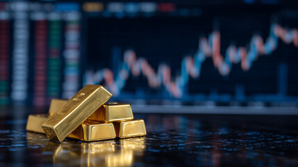Close-up of gold bars stacked in rows on a digital trading desk, financial graphs and stock tickers reflecting on glossy surfaces, symbolizing gold market investment