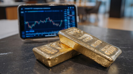 Macro shot of gleaming gold bars engraved with serial numbers, placed beside a smartphone screen showing live trading charts in a sleek investor office