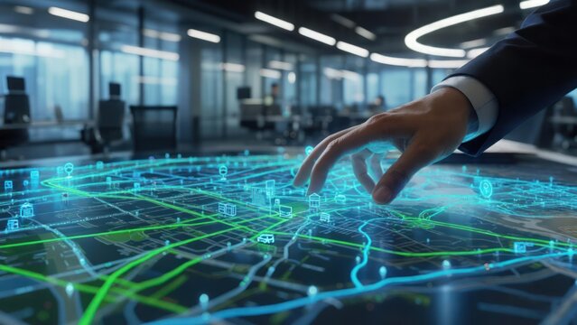 Hand interacting with holographic city map - Powered by Adobe