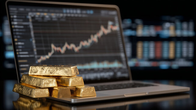 Gold bars stacked beside a glowing laptop screen showing real-time forex and commodity market trends, with investment reports and charts in background