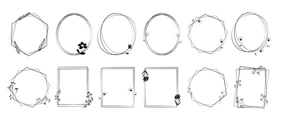 Fototapeta premium Decorative frames of various shapes with flowers in a minimalist style. Vector illustration of line art