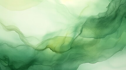Deep green fluid ink backdrop with floating gold foil streaks and organic watercolor stains, misty dusty grey tones blending into marble swirls, full frame