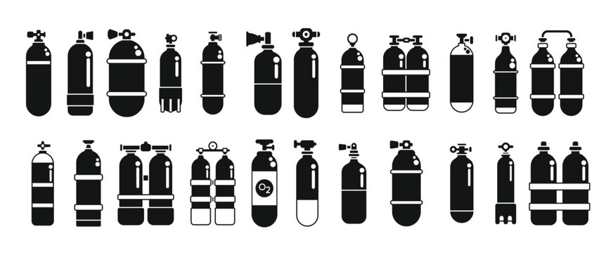 diving cylinders icons set a collection of black and white 
