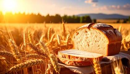 Rustic loaf of bread sits in a golden wheat field at sunset