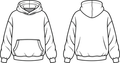 Hoodie front and back flat sketch, CAD technical drawing, vector fashion template, sweatshirt design illustration, apparel mockup, clothing blueprint