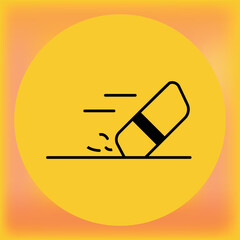 Black line icon of an eraser in motion with shavings on yellow-orange background—symbolizing correction, editing, or school tools.