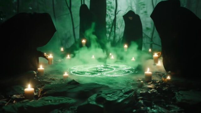 witch ritual circle in dark forest