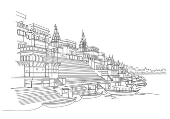 Varanasi Ghats (वाराणसी घाट) in India one line drawing style