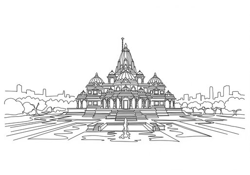 Swaminarayan Akshardham (स्वामिनारायण अक्षरधाम) in India one line drawing style