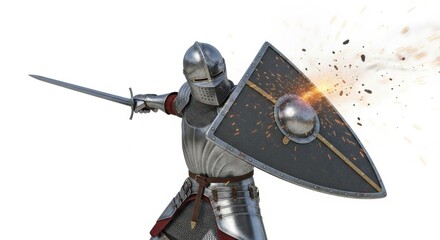 Naklejka premium Medieval knight in shining armor with sword and shield ready for battle pose