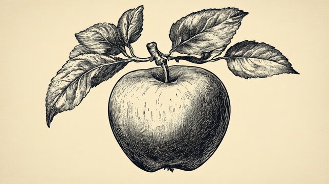 Hand-drawn monochrome illustration of an apple with leaves.