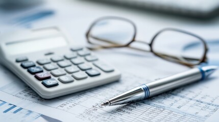 The calculator and pen on financial documents for business analysis.