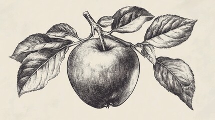 Detailed pencil sketch of an apple on a branch with leaves.