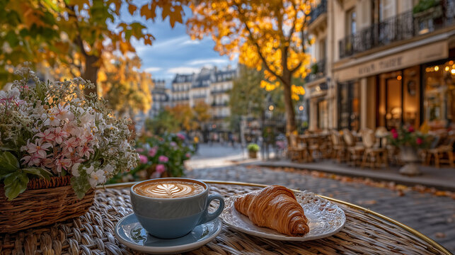 Small bistro table on a Paris boulevard, surrounded by golden autumn leaves; croissant and espresso gently steaming in the crisp morning air