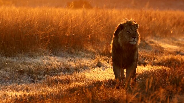 Condensation from young male lion breathing on cold safari morning, slow motion