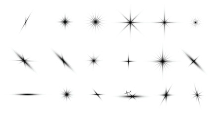 Glare stars set on black. Light flashes. Vector transparent elements with glow effect
