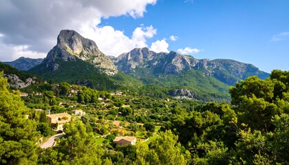 Fototapeta premium Mountain landscape with villages and lush greenery