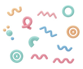 A collection of colorful geometric shapes in various forms, featuring curves, loops, and zigzags in pastel shades.